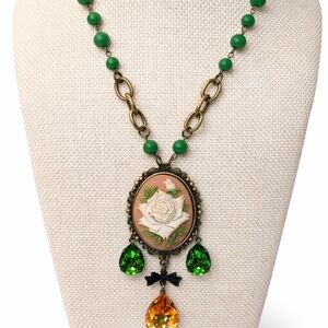 Gypsy South White Rose Elegant Green and Gold Necklace with Floral Pendant